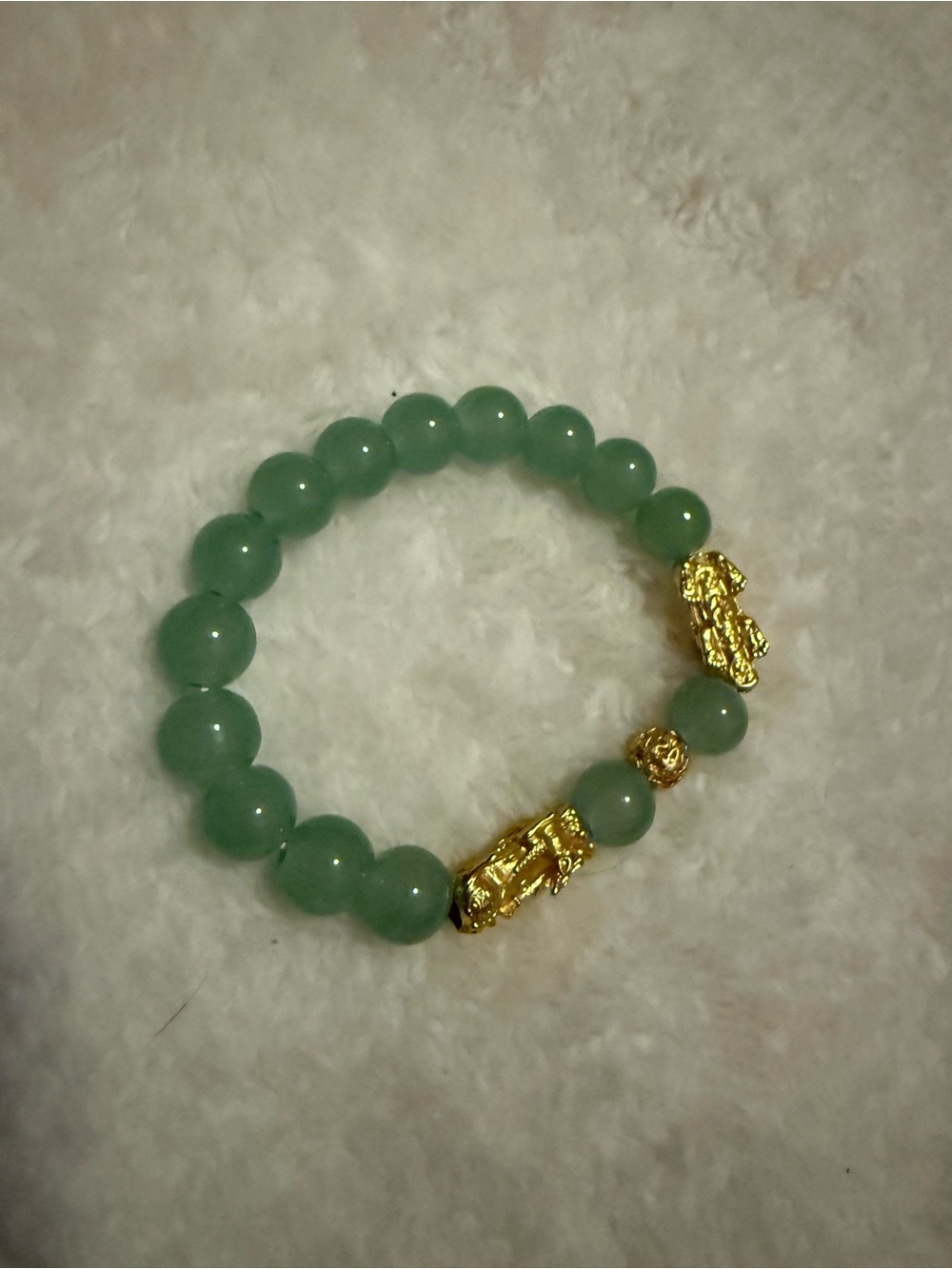 Source Unknown Green Bead Bracelet with Gold Pixiu Charms
